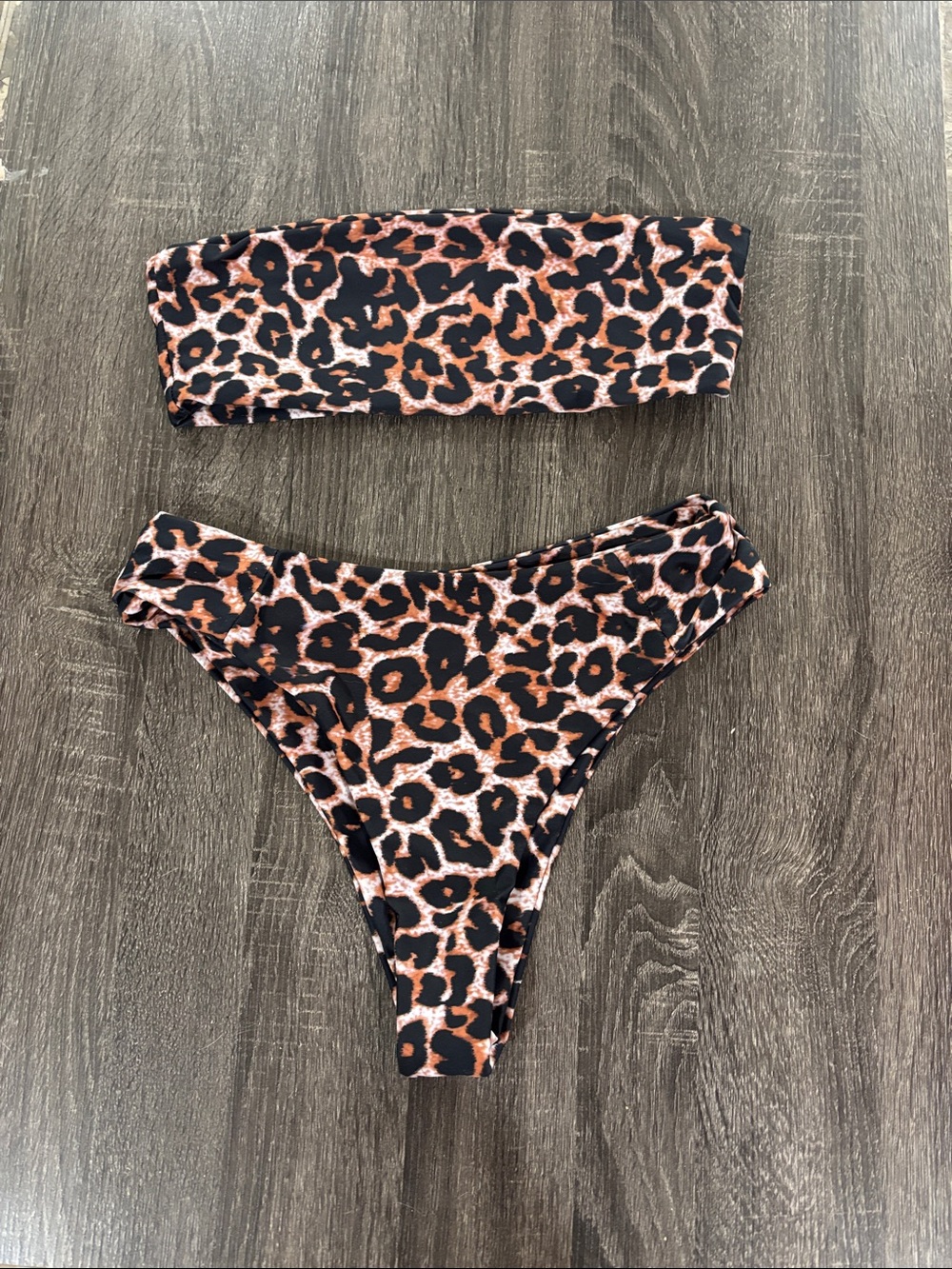 Leopard Print Bandeau Bikini Set - Brown & Black